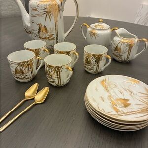Gold and White Porcelain Kutani Tea Set
